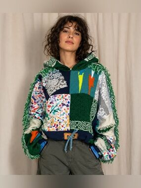 Patchwork Hoodie Crop Top Celtic Handmade Y2K Sweatshirt Fringe OSFM OOAK